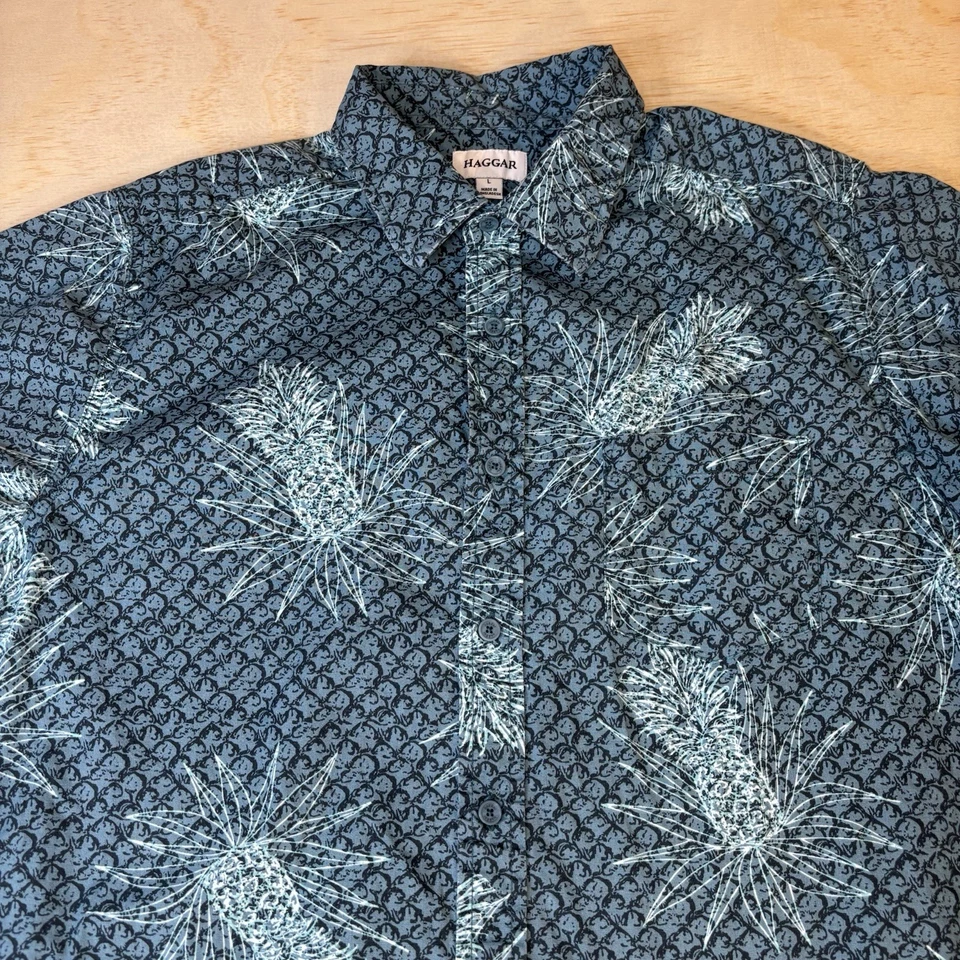 Camisa Haggar Hombres Talla L Piña Hawaiana Elastizada Azul Teal Botón Manga Corta Foto 3 de 4