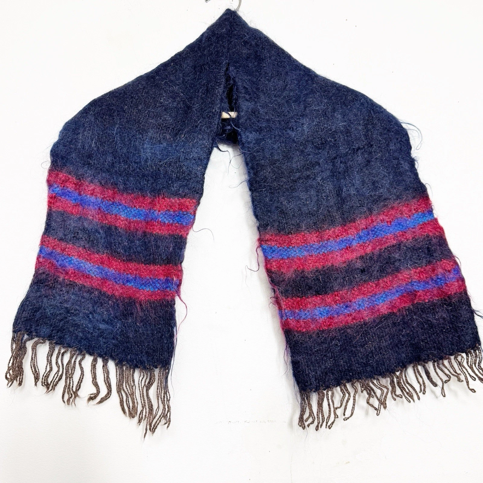 Vintage Hand-Knit Blue Scotland Mohair Pressed Raw Wool Scarf Fuzzy Fringe OS