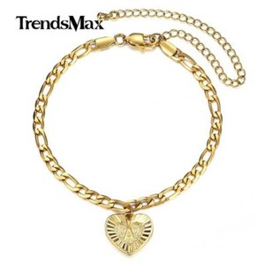 Authentic 5mm LOVE Heart Shaped Letter A-Z Anklet Gold Plated Figaro Link