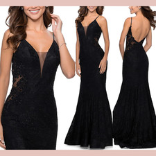 NEW La Femme 4 Open Back Sleeveless Lace Mermaid Gown in Black J778