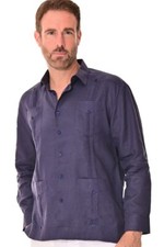 Bohio Mens 100 Linen Cuban Guayabera Shirt -Navy Traditional 4-Pocket-MLS501