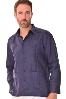 Bohio Mens 100% Linen Cuban Guayabera Shirt -Navy Traditional 4-Pocket-MLS501