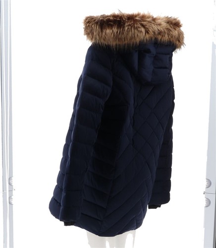 Nuage Stretch Quilted Puffer Coat Remove Hood Faux Fur Dark Blue L NEW (865) - Picture 4 of 9