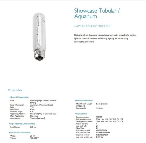 PHILIPS 13813-1 VITRINA INCANDESCENTE TRANSPARENTE BOMBILLA AQAUARIUM T10 25W 120V-LOTE DE 4 - Imagen 5 de 5