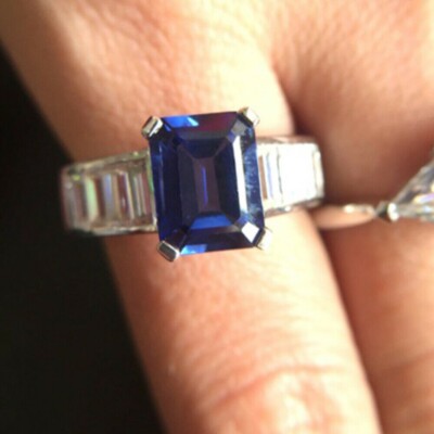 3Ct Emerald Cut  Blue Sapphire Engagement Anniversary Ring 14K White Gold Finish