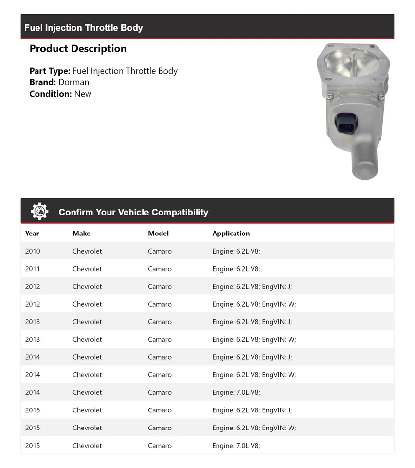 Корпус дроссельной заслонки впрыска топлива для Chevrolet Camaro Dorman 2010-2015 годов выпуска 2011 2012 годов выпуска - Изображение 2 из 4