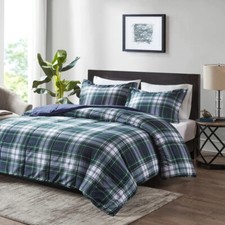 Navy Green Plaid 3pc Comforter Set Twin XL Full Queen Cal King Bed 3M Scotchgard