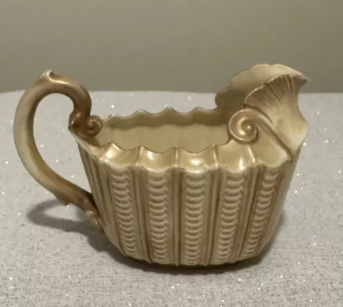 ROYAL WORCESTER IVORY PORCELAIN "SHELL" CREAMER, GILT DECORATION, c. 1889 RARE