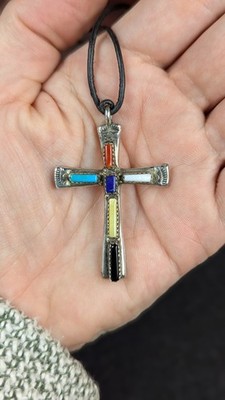 L. Lule, Zuni Sterling Silver and Natural Stone Inlay Cross Pendant