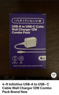 4-ft Infinitive USB-A to USB-C Cable Wall Charger 12W Combo Pack Brand New White