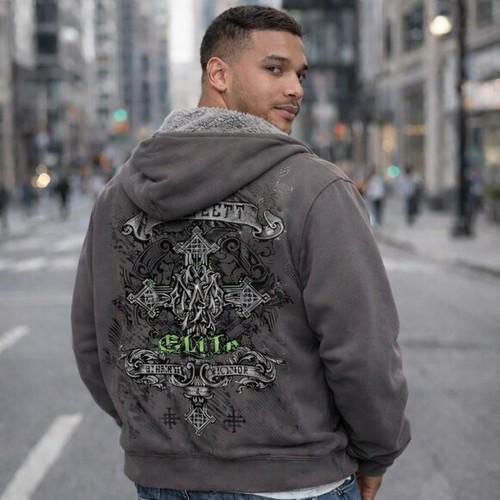 MMA ELITE Vintage Y2K Men's Zip Up Hoodie Sherpa Lined Graphic Print Grey 2XL