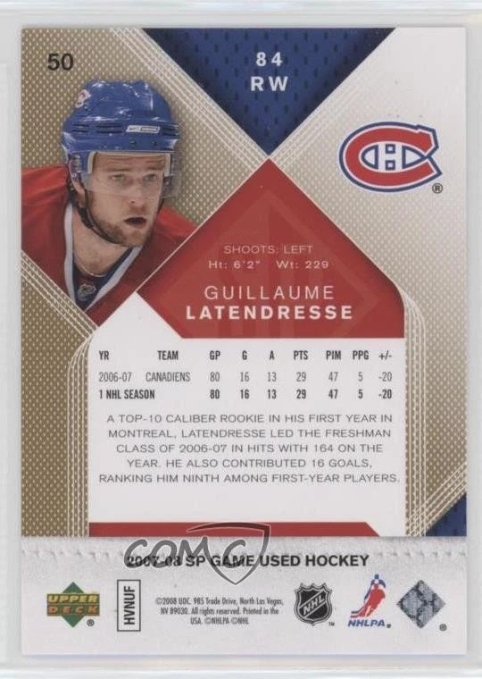 2007-08 SP Game Used Edition Gold /100 Guillaume Latendresse #50 - Image 2 of 2