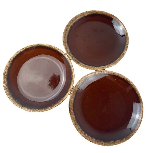 VTG Hull Brown Drip Glaze Dinner Plates 10.5” Diameter Round USA Lot of 3