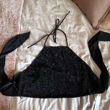 glam Black Polyester Sequin Halter Sleeveless Cropped Tank Top Size S