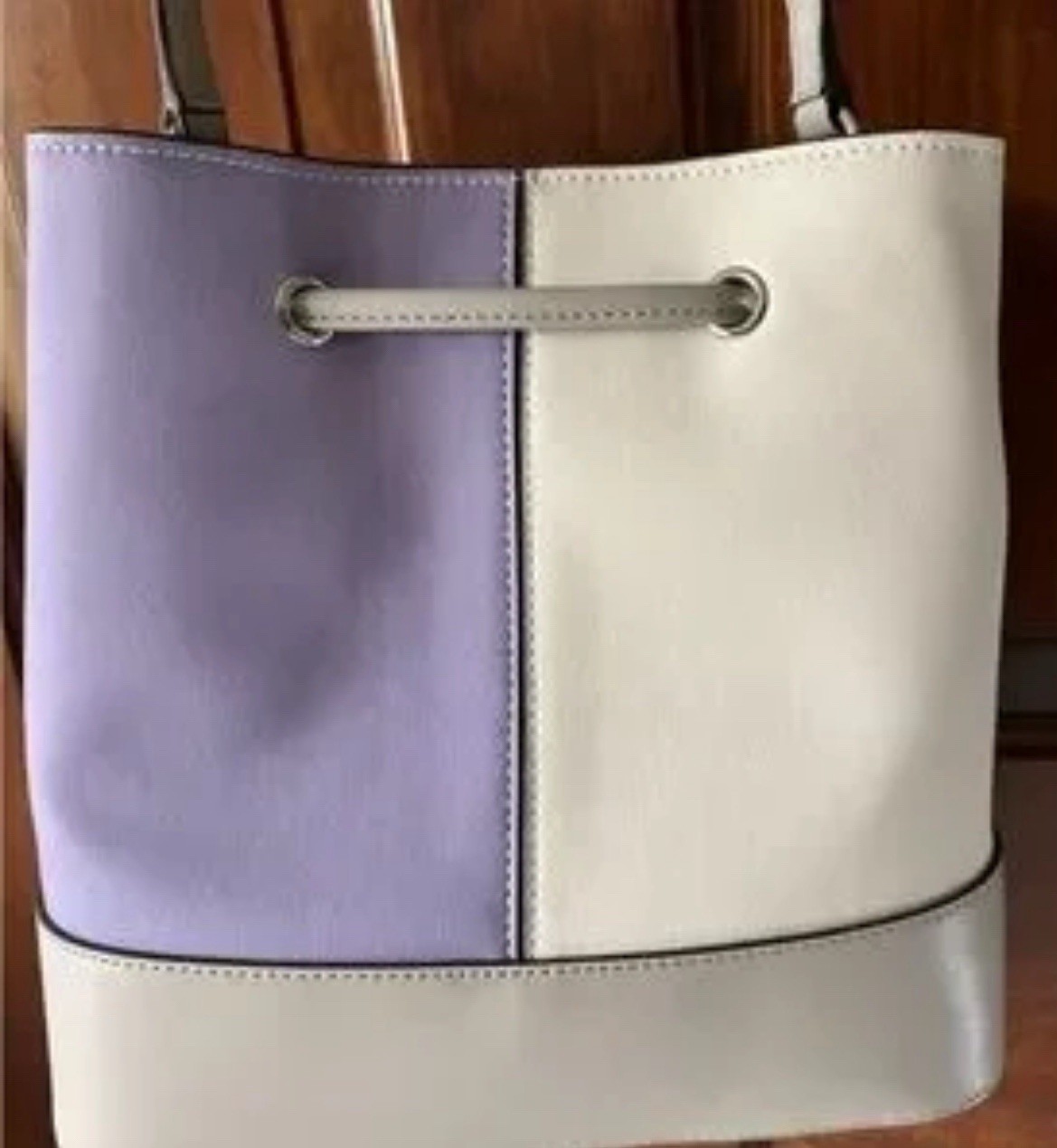 Calvin Klein Colorblock Bucket Drawstring Bag Ivory Lavender Silver Hardware