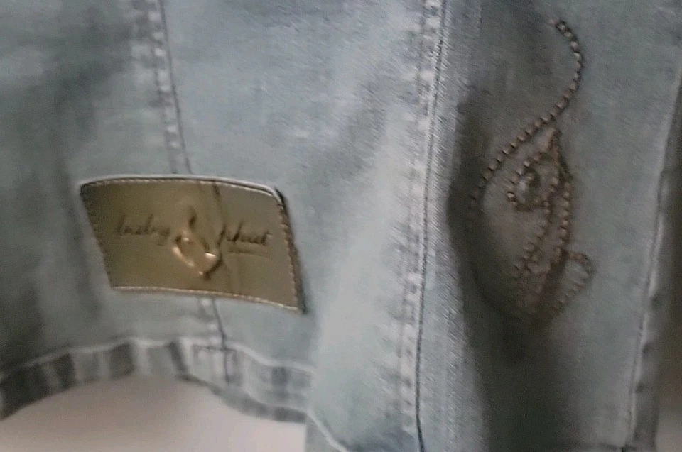 *Raro* Chaqueta vaquera vintage elástica para mujer bebé PHAT piel sintética lavado claro talla S Foto 4 de 4