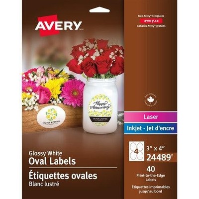Avery Glossy White Oval Labels3'' x 4'' , Permanent Adhesive,  24489
