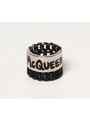 NO CUSTOMS TAX ALEXANDER MCQUEEN silver tone metal chain ring graffiti logo 9 US