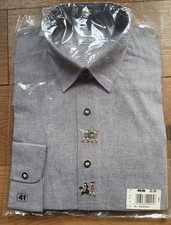 TRACHTEN OBER-HEMD WIESN, langarm grau, Gr. 41, L, Stickereien, Kn&ouml;pfe holzoptik