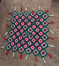 Vtg Granny Square Crocheted Tree Skirt Red, White, Green 32” Square