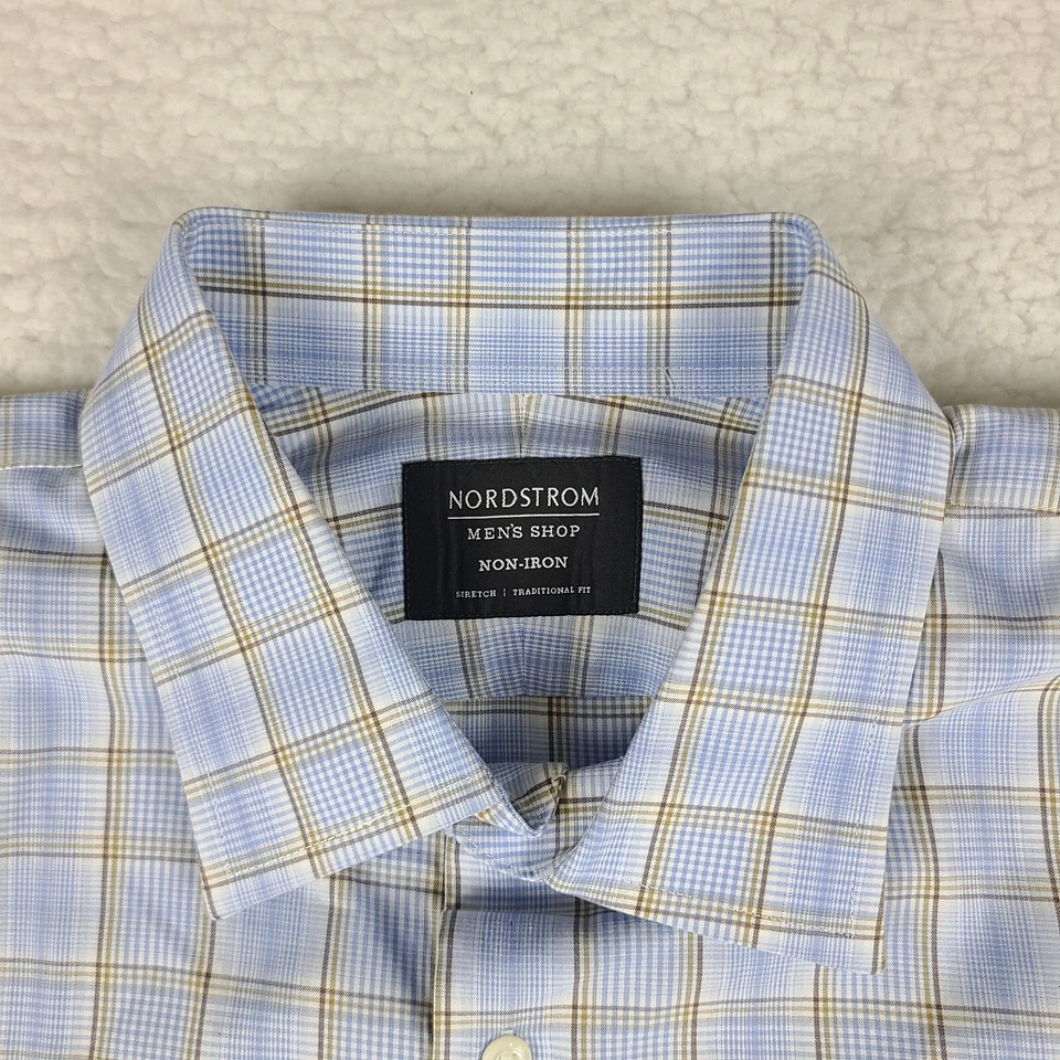Camisa de vestir Nordstrom para hombre 17 34/35 azul marrón a cuadros ajuste tradicional abotonada Foto 3 de 4