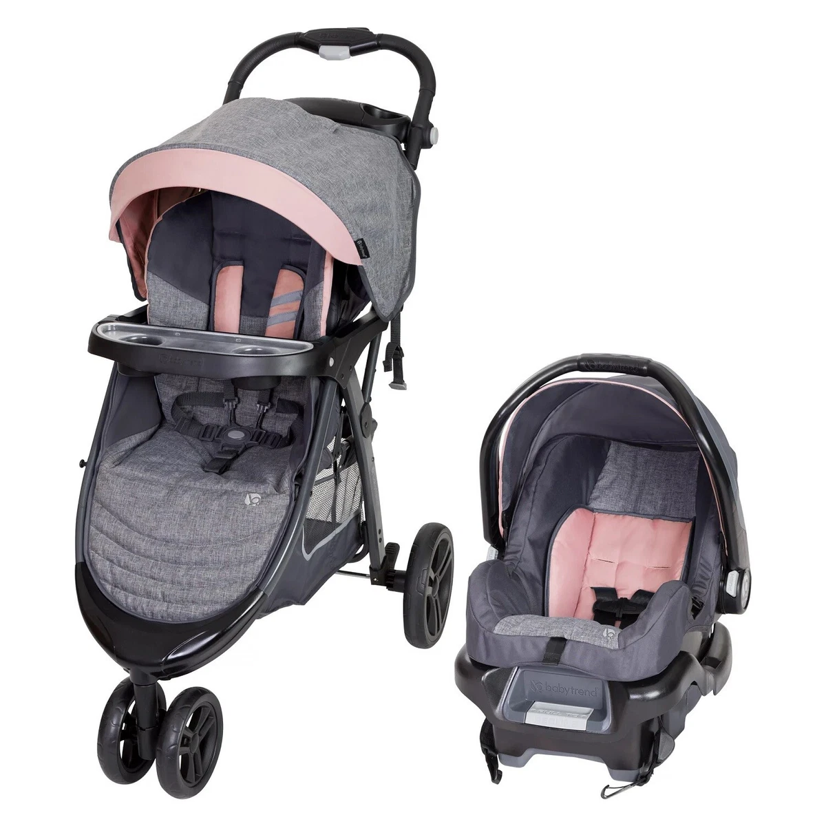 Pink and top grey travel systems