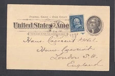 USA 1897 UPRATED POSTAL STATIONERY CARD NEW YORK TO LONDON ENGLAND