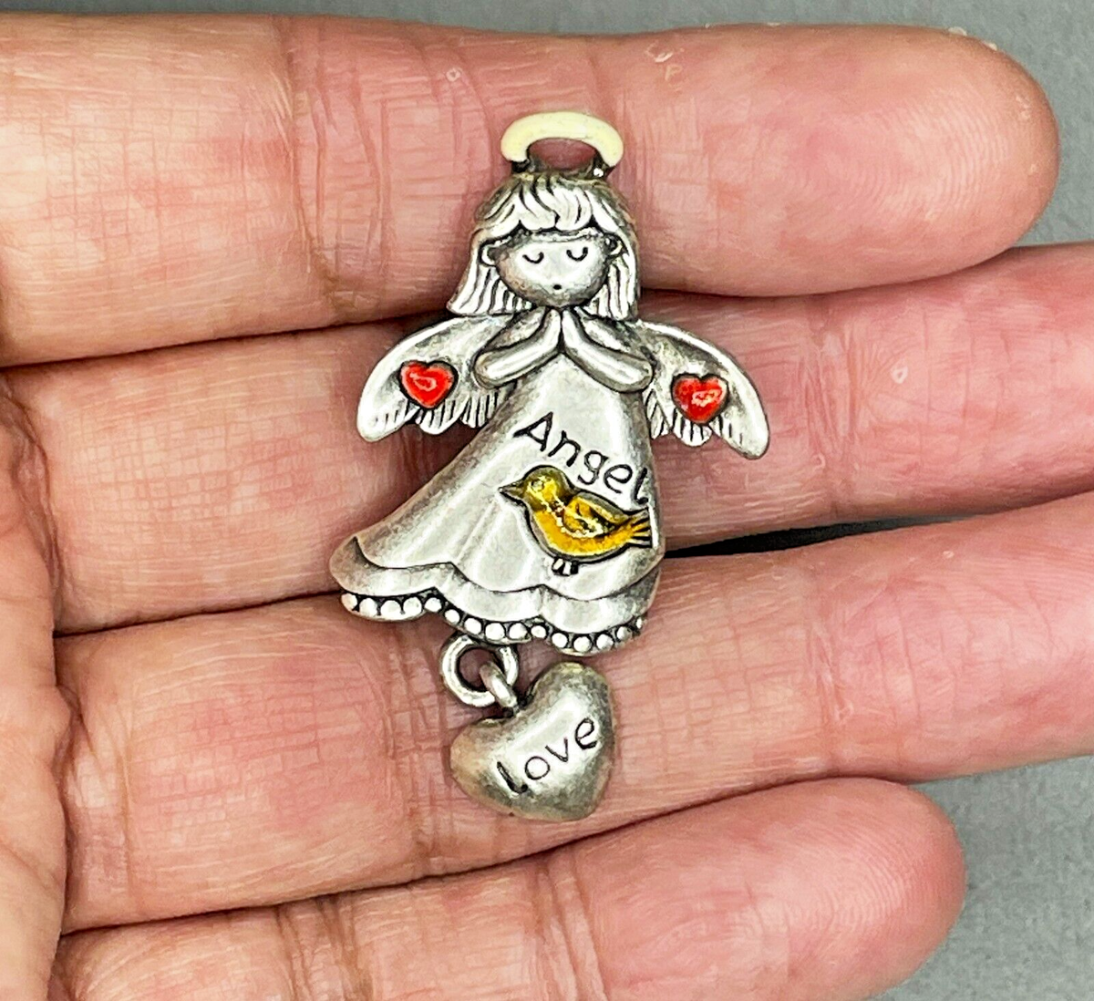 Pewter Tone Vintage Angel Brooch with Hanging Heart Charm Brooch