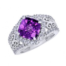 14K White Gold Plated Cushion Cut Amethyst  Topaz Halo Engagement Ring