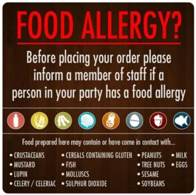 MILETA Food Allergy Sign Sticker/Poster Restaurant Bar Allergen Warning Notice Hygiene