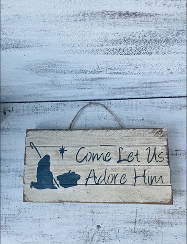 Let Us Adore Him Rustic Primitive Wood Lath Sign 12” - Picture 5 of 10