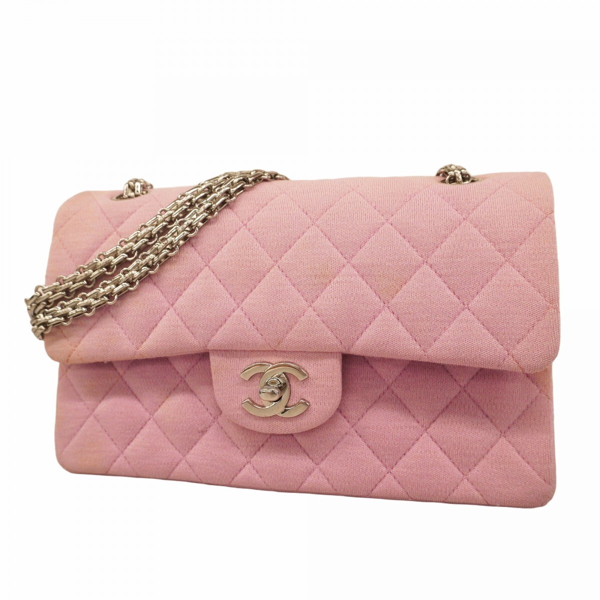 CHANEL Matelassé Flap Shoulder Bag Pink Cotton Silver Hardware W Chain Pre-Owned