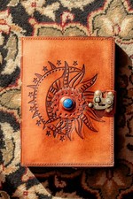 Handmade Leather Journal with Lock Vintage Sun Embossed Notebook Writing Diary