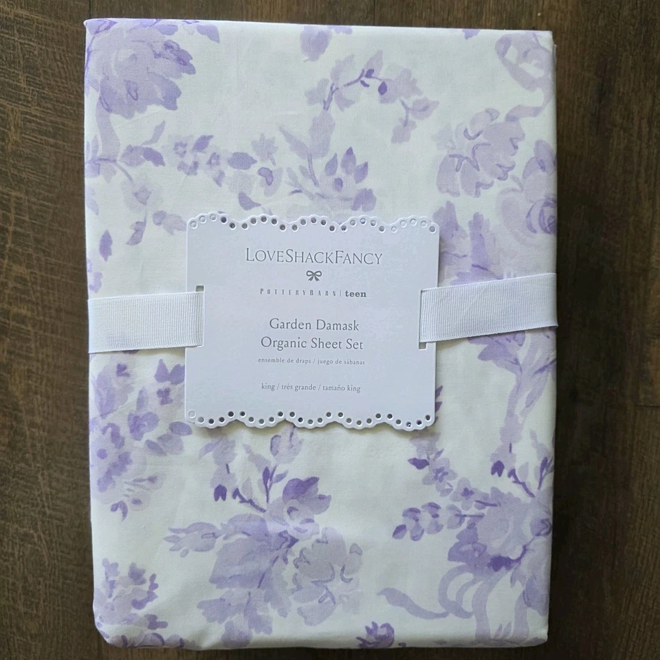 Nuevo Juego de Sábanas Pottery Barn LoveShackFancy Jardín Damasco Orgánico KING Lavanda Foto 3 de 4