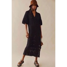 Free People Beach Black Crochet Pointelle Midi Dress Collared V-Neck XS Cover Up