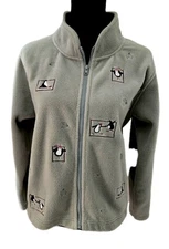 Christopher & Banks Fleece Zip Up Sage Green Embroidered Skating Penguins Large 