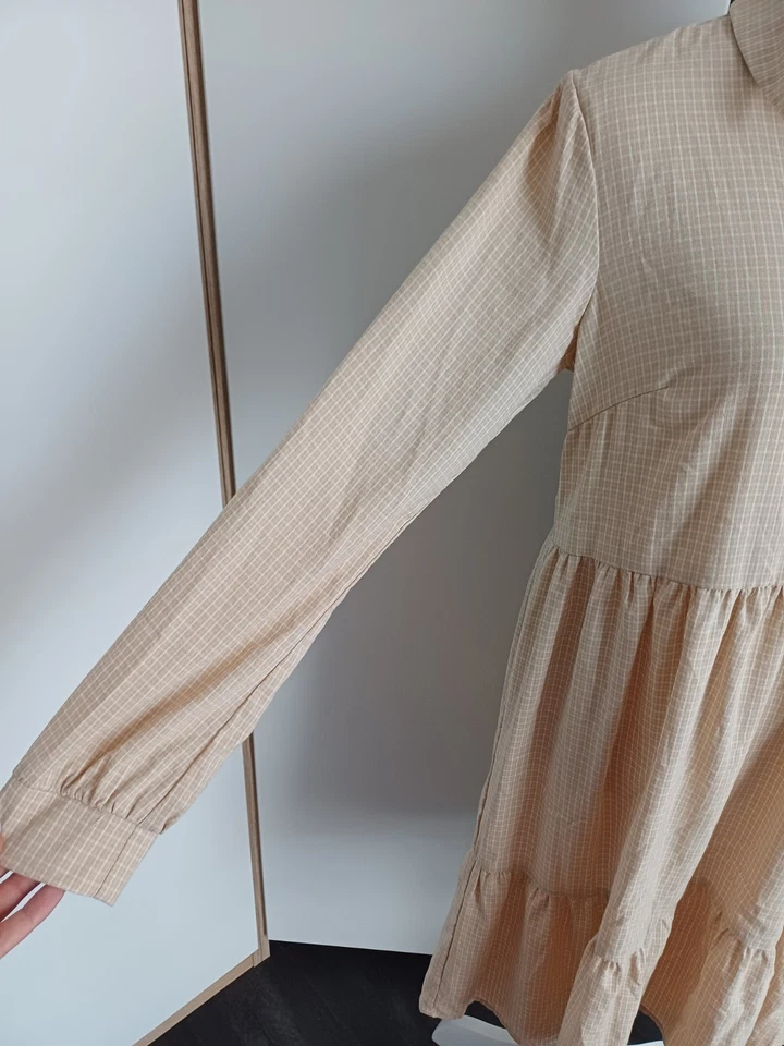 🤩 Beige-weiß Kariertes Langarm Kleid 🌸 Kragen Ausgestellt Business Blogger 38 - Bild 4 von 4