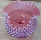 Fenton Pink Cranberry Glass Hobnail Vase Bowl Vintage Ruffled Edge Art Glass