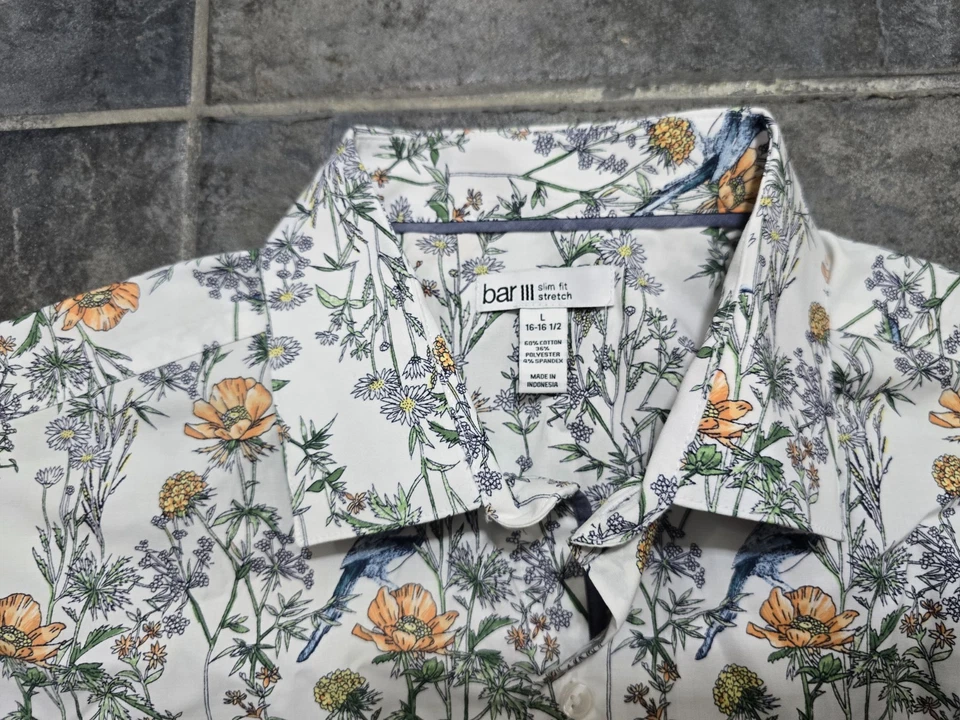 Camisa social masculina Bar III grande 16-16.5 slim fit pássaro floral gola longa - Imagem 2 de 4