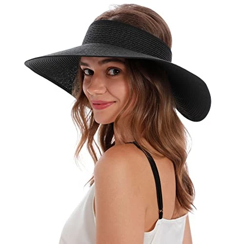 SIMPLICITY WOMEN SUMMER FOLDABLE WIDE BRIM HATS STRAW SUN VISOR HAT - BLACK