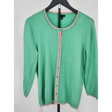 Talbots Womens Green Pink Trim Button Front Cardigan Sweater Size L 3/4 Sleeve