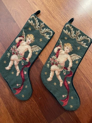 Two Vintage Needlepoint Christmas Stocking Angel Cherub Velvet Imperial Elegance