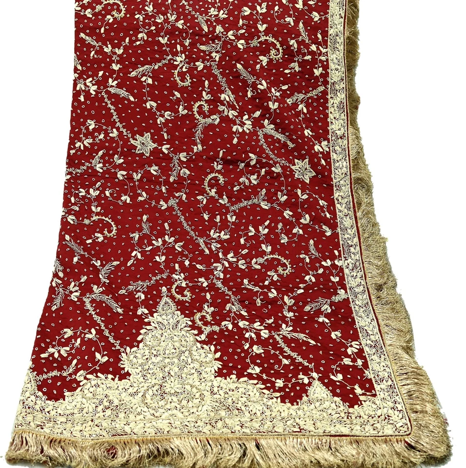 Vintage Heavy Wedding Maroon Dupatta Pure Satin Silk Long Stole Hand Embroidered - Image 3 of 4