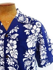 Men's Soft Cotton Hibiscus Blue  White Floral Hawaiian Aloha Shirts  Luau NEW