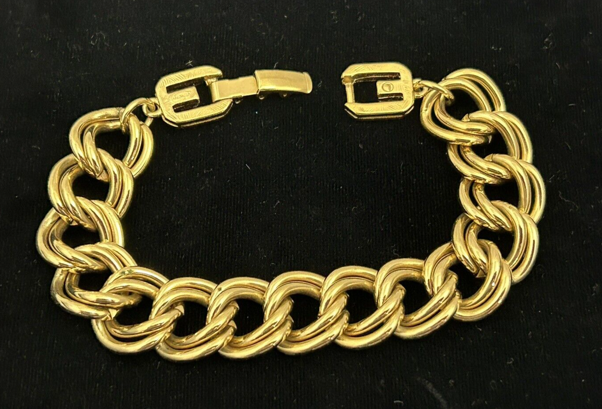 VTG GIVENCHY Gold Tone Bracelet Wheat Spiga Chain 2G Logo