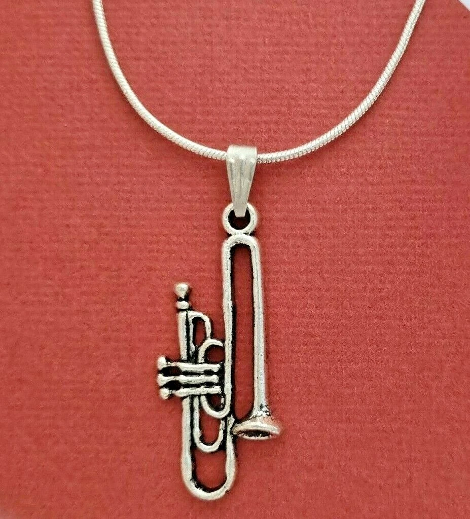 Trombone Charm Pendant Necklace gift including 18 inch chain Music Silver Plated