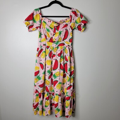 House Of Chic LA S Pink W/pineapple & Watermelon SS Fit & Flare Midi Dress