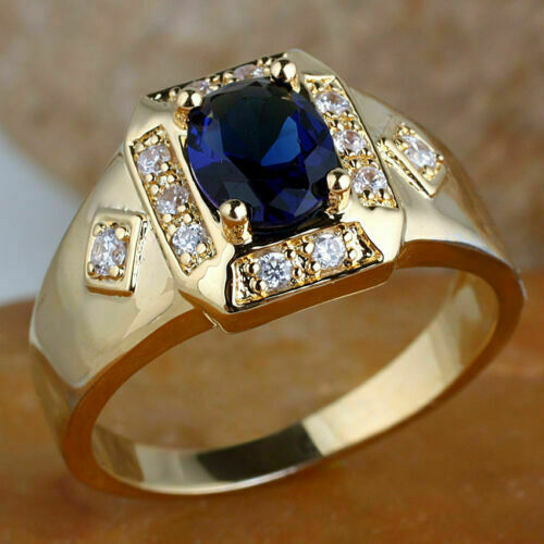 Men's 14K Yellow Gold Plated Oval Simulated Sapphire Engagement Pinky Band  Ring