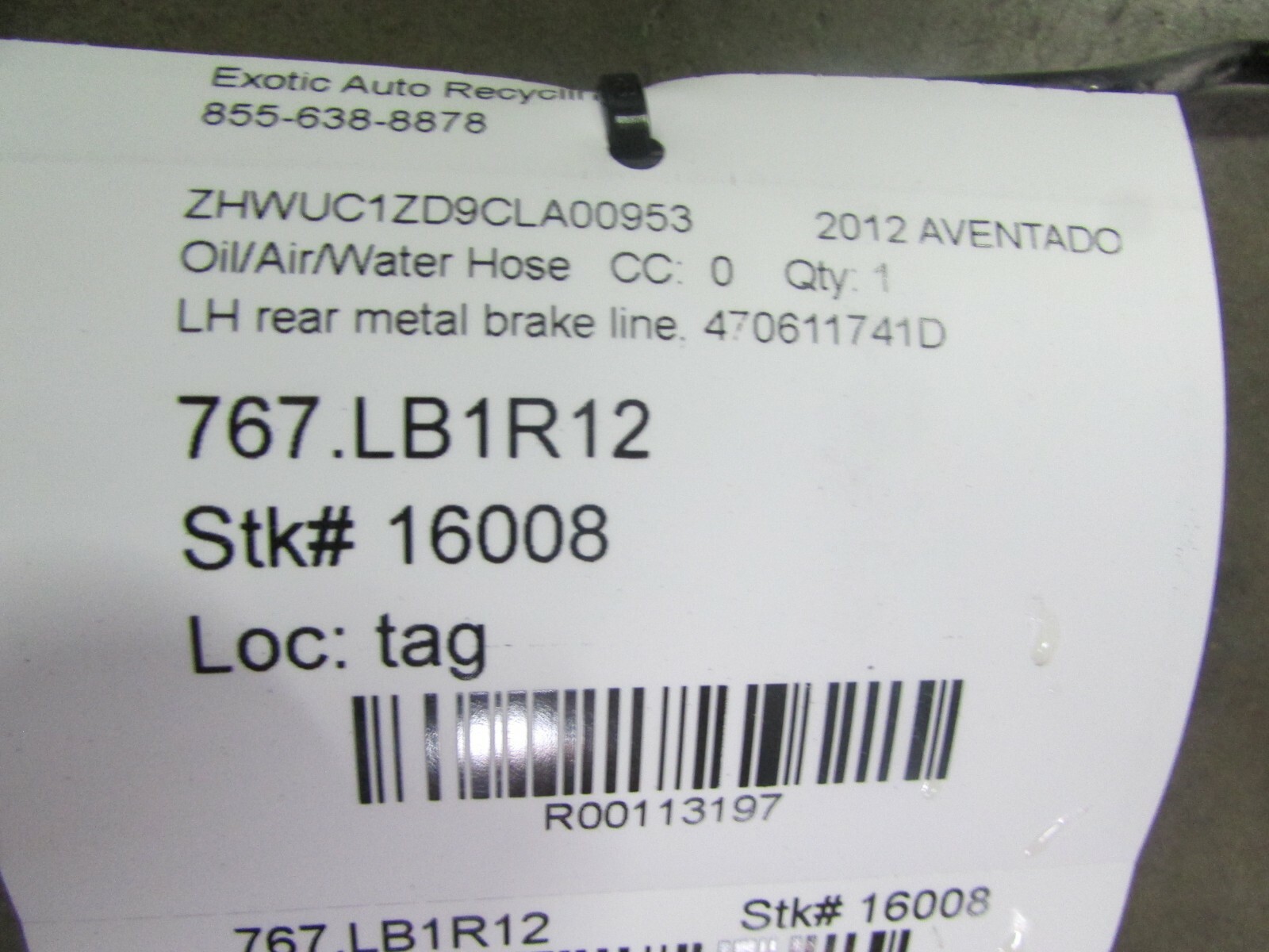 Lamborghini Aventador, LH, Left Rear Metal Brake Line, Used, P/N 470611741D