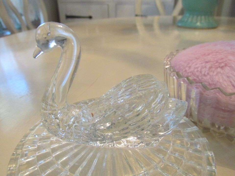 Vintage Glass Swan Powder Jar Candy box Lipstick holder & New